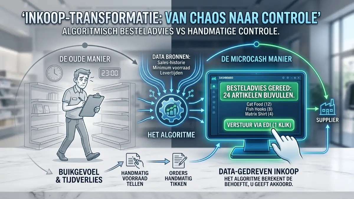 Infographic van Chaos naar Controle: Algoritmisch besteladvies via Microcash
