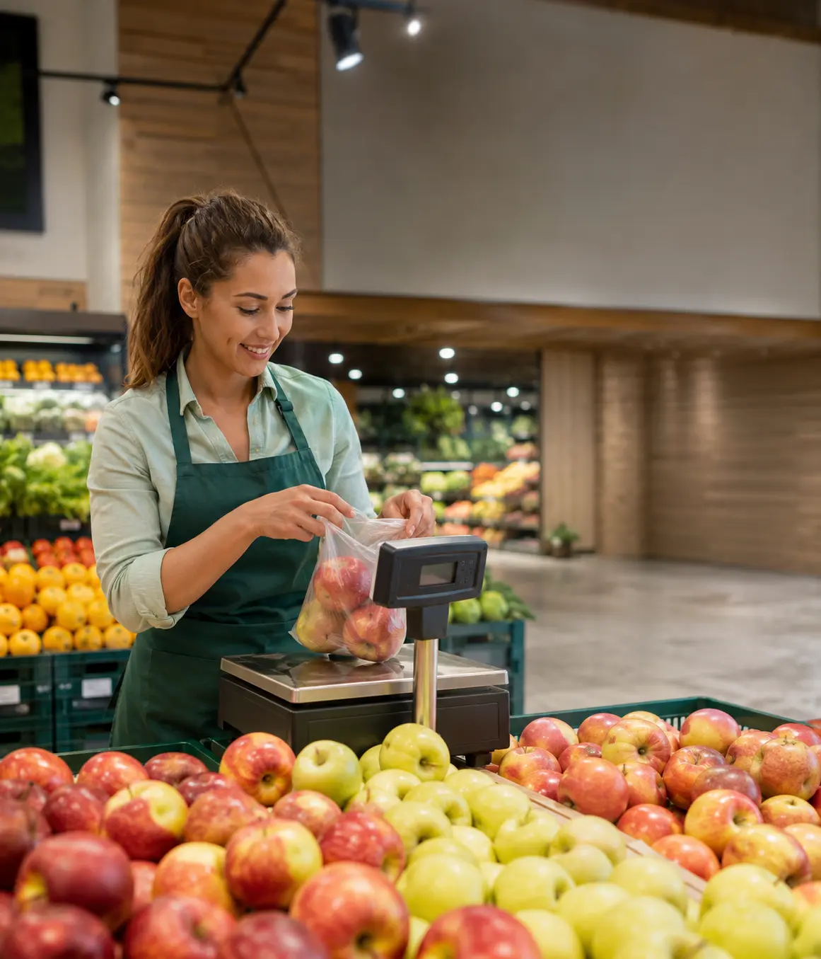 Medewerker in een supermarkt weegt verse appels op een gekoppelde weegschaal